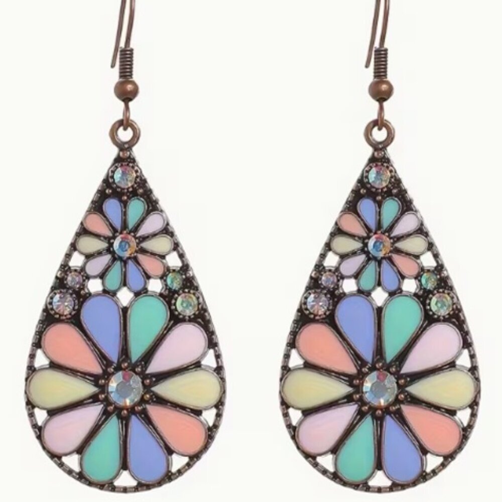 Multicolored Flower Design Teardrop-Shaped Drop Earrings